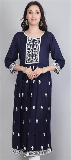 Casual, Party Wear Blue color Kurti in Rayon fabric with Anarkali, Long Sleeve Embroidered, Resham, Thread work : 1898044