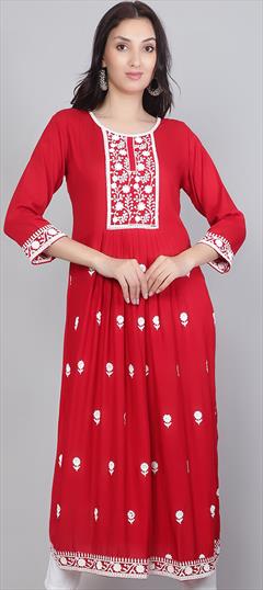 Casual, Party Wear Red and Maroon color Kurti in Rayon fabric with Anarkali, Long Sleeve Embroidered, Resham, Thread work : 1898046