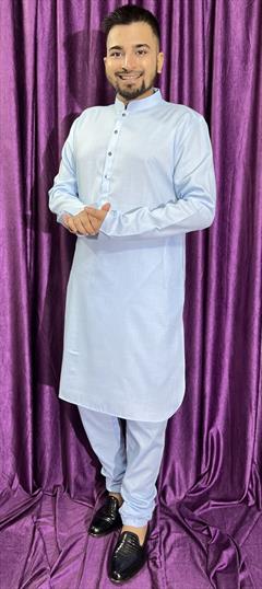 Party Wear Blue color Kurta Pyjamas in Cotton fabric with Thread work : 1898076