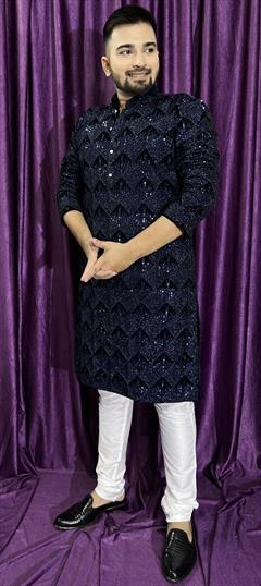 Party Wear Blue color Kurta Pyjamas in Velvet fabric with Embroidered, Sequence, Thread work : 1898077