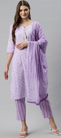 Festive, Summer Purple and Violet color Salwar Kameez in Cotton fabric with Straight Embroidered, Mirror, Printed, Resham, Thread work : 1898113