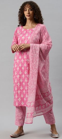 Festive, Summer Pink and Majenta color Salwar Kameez in Cotton fabric with Straight Gota Patti, Printed work : 1898119