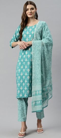 Festive, Summer Blue color Salwar Kameez in Cotton fabric with Straight Gota Patti, Printed work : 1898121