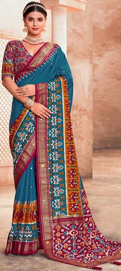 Engagement, Reception, Traditional Blue color Saree in Silk cotton fabric with Bengali, South Mirror, Printed, Weaving work : 1898262