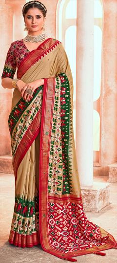 Engagement, Reception, Traditional Beige and Brown color Saree in Silk cotton fabric with Bengali, South Mirror, Printed, Weaving work : 1898267