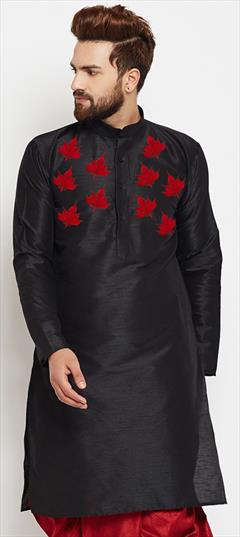 Party Wear Black and Grey color Kurta in Dupion Silk fabric with Embroidered, Thread work : 1898319