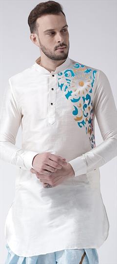Party Wear White and Off White color Kurta in Dupion Silk fabric with Embroidered, Thread work : 1898328