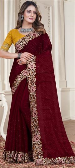 Bollywood Red and Maroon color Saree in Satin Silk, Silk fabric with Classic, South Embroidered, Resham, Swarovski, Thread, Zircon work : 1898334