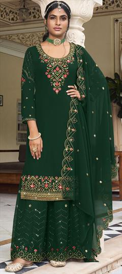 Festive, Mehendi Sangeet, Reception Green color Salwar Kameez in Georgette fabric with Sharara, Straight Embroidered, Resham, Sequence, Thread, Zari work : 1898335