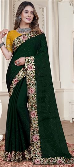 Bollywood Green color Saree in Satin Silk, Silk fabric with Classic, South Embroidered, Resham, Swarovski, Thread, Zircon work : 1898336