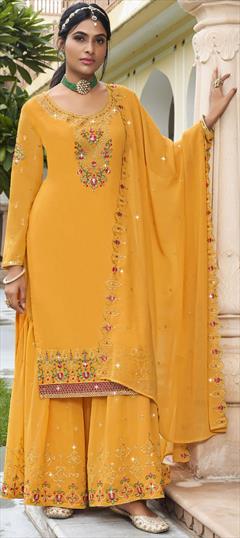 Festive, Mehendi Sangeet, Reception Yellow color Salwar Kameez in Georgette fabric with Sharara, Straight Embroidered, Resham, Sequence, Thread, Zari work : 1898337
