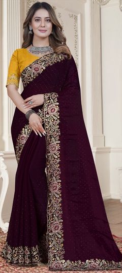 Bollywood Purple and Violet color Saree in Satin Silk, Silk fabric with Classic, South Embroidered, Resham, Swarovski, Thread, Zircon work : 1898338