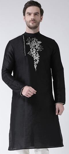 Party Wear Black and Grey color Kurta in Dupion Silk fabric with Embroidered, Thread work : 1898339