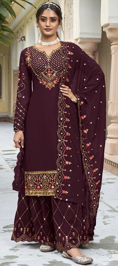 Festive, Mehendi Sangeet, Reception Purple and Violet color Salwar Kameez in Georgette fabric with Sharara, Straight Embroidered, Resham, Sequence, Thread, Zari work : 1898341