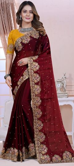 Bollywood Red and Maroon color Saree in Satin Silk, Silk fabric with Classic, South Embroidered, Resham, Swarovski, Thread, Zircon work : 1898342