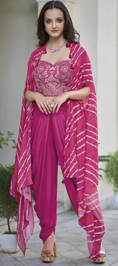 Designer, Festive Pink and Majenta color Salwar Kameez in Satin Silk fabric with Dhoti Embroidered, Resham, Thread work : 1898356