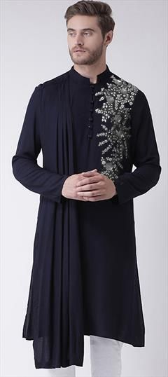 Party Wear Blue color Kurta in Blended Cotton fabric with Embroidered, Thread work : 1898357