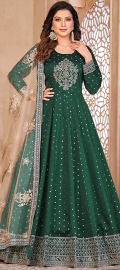 Engagement, Mehendi Sangeet, Reception Green color Salwar Kameez in Taffeta Silk fabric with Anarkali Embroidered, Sequence, Thread, Zari work : 1898359
