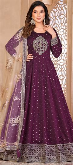 Engagement, Mehendi Sangeet, Reception Purple and Violet color Salwar Kameez in Taffeta Silk fabric with Anarkali Embroidered, Sequence, Thread, Zari work : 1898361