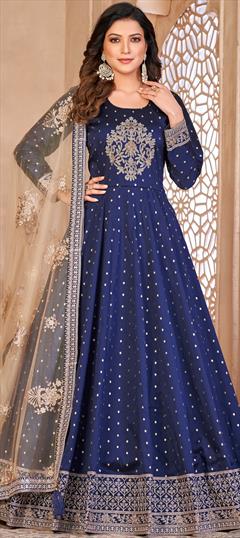 Engagement, Mehendi Sangeet, Reception Blue color Salwar Kameez in Taffeta Silk fabric with Anarkali Embroidered, Sequence, Thread, Zari work : 1898364