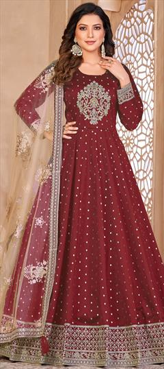 Engagement, Mehendi Sangeet, Reception Red and Maroon color Salwar Kameez in Taffeta Silk fabric with Anarkali Embroidered, Sequence, Thread, Zari work : 1898368
