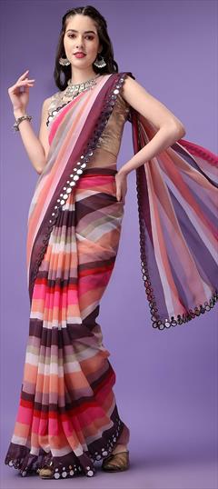 Festive, Reception Multicolor color Saree in Georgette fabric with Classic Border, Lehariya, Mirror, Printed work : 1898394