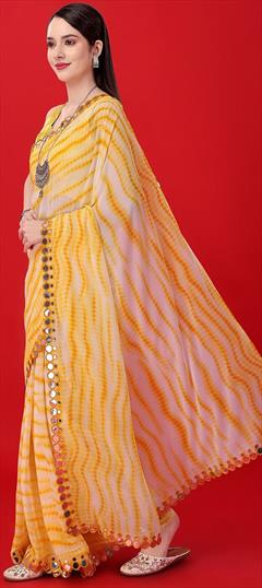 Festive, Reception Yellow color Saree in Georgette fabric with Classic Border, Mirror, Printed, Thread work : 1898416