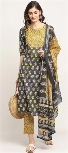 Festive, Party Wear Black and Grey color Salwar Kameez in Cotton fabric with Straight Printed, Sequence work : 1898449