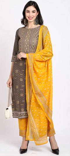 Festive, Party Wear Black and Grey color Salwar Kameez in Cotton fabric with Straight Printed, Sequence work : 1898450