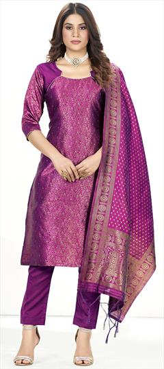Party Wear Pink and Majenta color Salwar Kameez in Banarasi Silk fabric with Straight Weaving work : 1898456