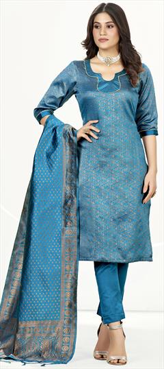 Party Wear Blue color Salwar Kameez in Banarasi Silk fabric with Straight Weaving work : 1898460