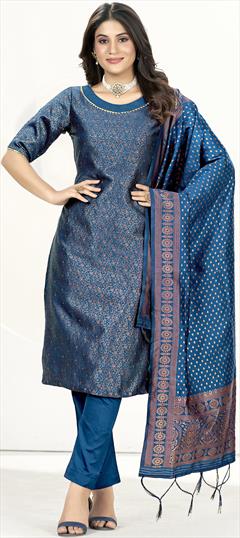 Party Wear Blue color Salwar Kameez in Banarasi Silk fabric with Straight Weaving work : 1898465