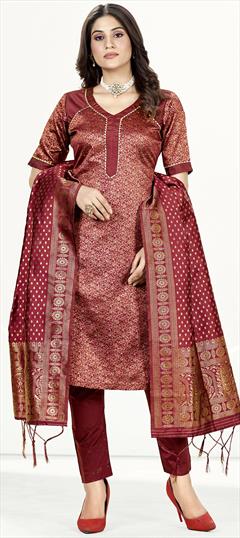 Party Wear Red and Maroon color Salwar Kameez in Banarasi Silk fabric with Straight Weaving work : 1898466