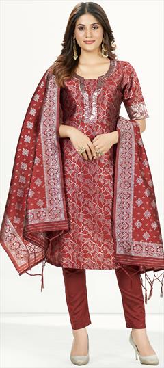 Party Wear Red and Maroon color Salwar Kameez in Banarasi Silk fabric with Straight Weaving work : 1898467