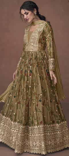 Bollywood Beige and Brown color Gown in Organza Silk fabric with Embroidered, Printed, Thread, Zari work : 1898500
