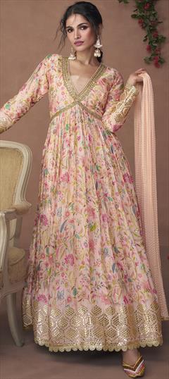 Bollywood Pink and Majenta color Gown in Organza Silk fabric with Embroidered, Floral, Printed, Thread, Zari work : 1898501