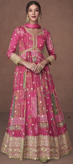 Bollywood Pink and Majenta color Gown in Organza Silk fabric with Embroidered, Printed, Thread, Zari work : 1898502