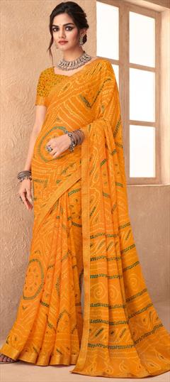 Festive Yellow color Saree in Chiffon fabric with Classic Bandhej, Border, Printed work : 1898524