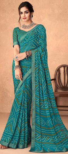 Festive Blue color Saree in Chiffon fabric with Classic Bandhej, Border, Printed work : 1898527