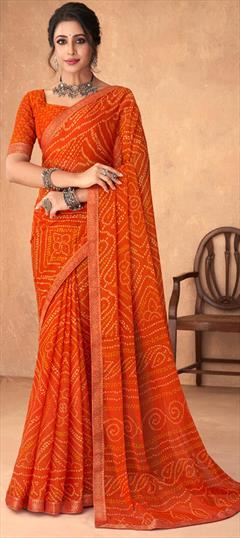 Festive Orange color Saree in Chiffon fabric with Classic Bandhej, Border, Printed work : 1898529
