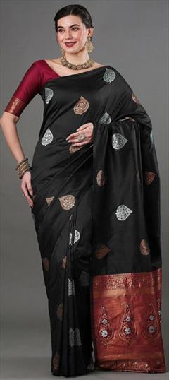 Party Wear, Traditional Black and Grey color Saree in Banarasi Silk fabric with South Weaving, Zari work : 1898569