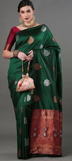 Party Wear, Traditional Green color Saree in Banarasi Silk fabric with South Weaving, Zari work : 1898570