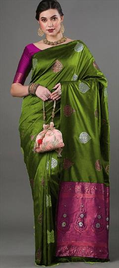 Party Wear, Traditional Green color Saree in Banarasi Silk fabric with South Weaving, Zari work : 1898571