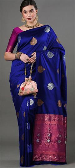 Party Wear, Traditional Blue color Saree in Banarasi Silk fabric with South Weaving, Zari work : 1898573