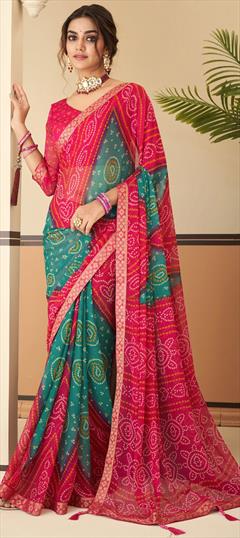 Festive, Reception Multicolor color Saree in Chiffon fabric with Classic, Rajasthani Bandhej, Lace, Printed work : 1898609