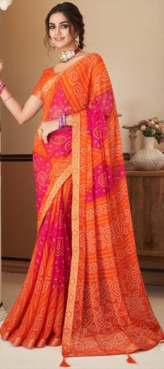 Festive, Reception Multicolor color Saree in Chiffon fabric with Classic, Rajasthani Bandhej, Lace, Printed work : 1898611