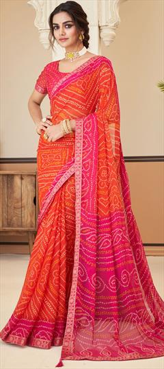 Festive, Reception Orange color Saree in Chiffon fabric with Classic, Rajasthani Bandhej, Lace, Printed work : 1898613