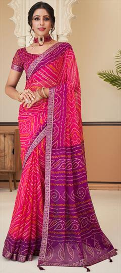 Festive, Reception Pink and Majenta color Saree in Chiffon fabric with Classic, Rajasthani Bandhej, Lace, Printed work : 1898614