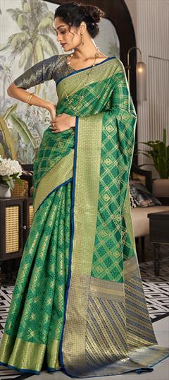 Party Wear, Traditional Green color Saree in Handloom fabric with Bengali Weaving work : 1898650