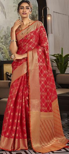 Party Wear, Traditional Red and Maroon color Saree in Handloom fabric with Bengali Weaving work : 1898652